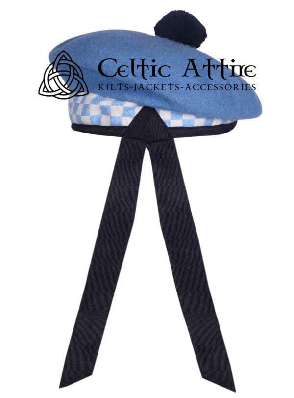 Sky Blue Wool Balmoral Diced Scottish Military Bonnet Hat - Image 2