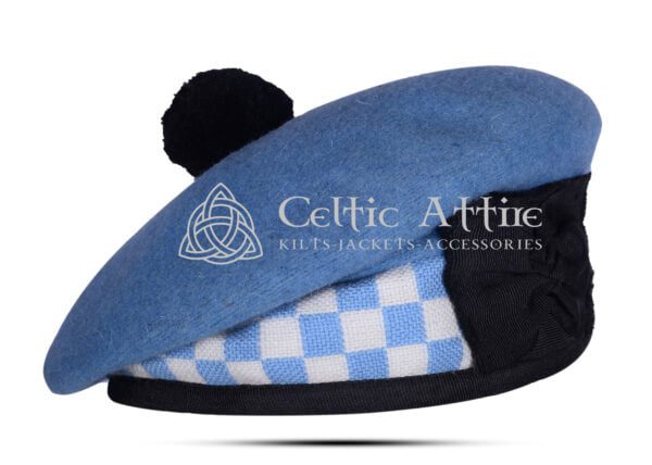 Sky Blue Wool Balmoral Diced Scottish Military Bonnet Hat - Image 3