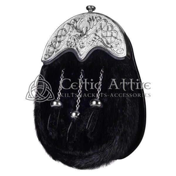Black Seal Fur Full Dress Sporran Stag Head Silver Cantle - Image 2