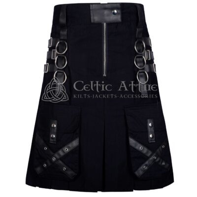 Black Cotton Gothic Kilt with Leather Patches