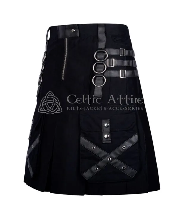 Black Cotton Gothic Kilt with Leather Patches - Image 3