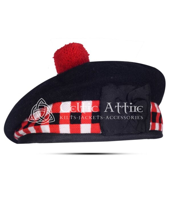 Black Wool Red Black White Diced Scottish Balmoral Barret Hat