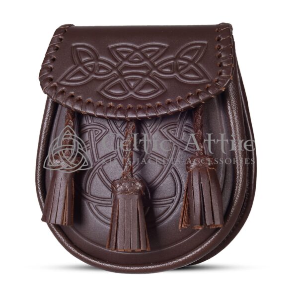 Brown Leather Celtic Embossed Sporran Scottish Kilt Sporran - Image 2