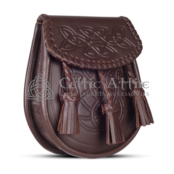 Brown Leather Celtic Embossed Sporran Scottish Kilt Sporran - Image 3