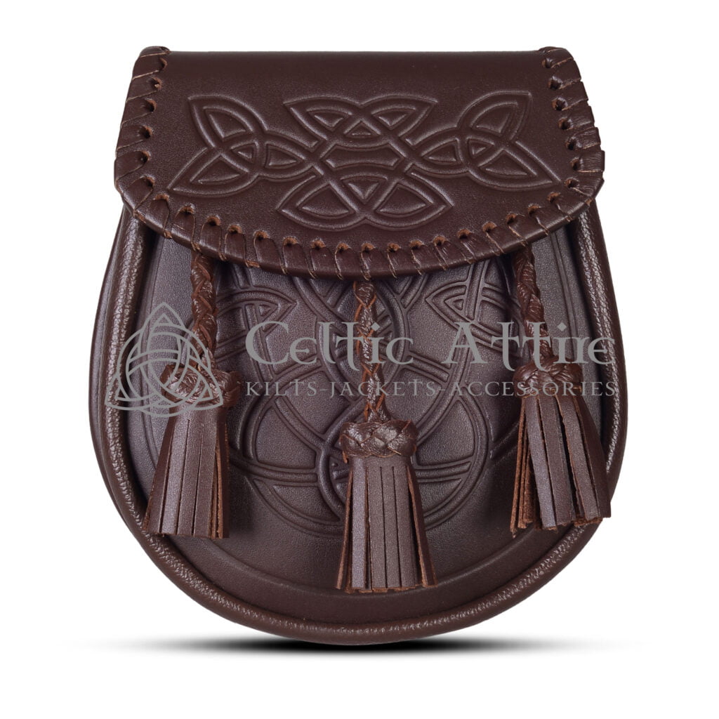 Brown Leather Celtic Embossed Sporran Scottish Kilt Sporran