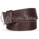 Tan brown leather belt with Celtic diamond knot embossing - Celtic Attire