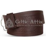 Brown leather belt with Celtic wave knot embossing and square buckle - Celtic Attire