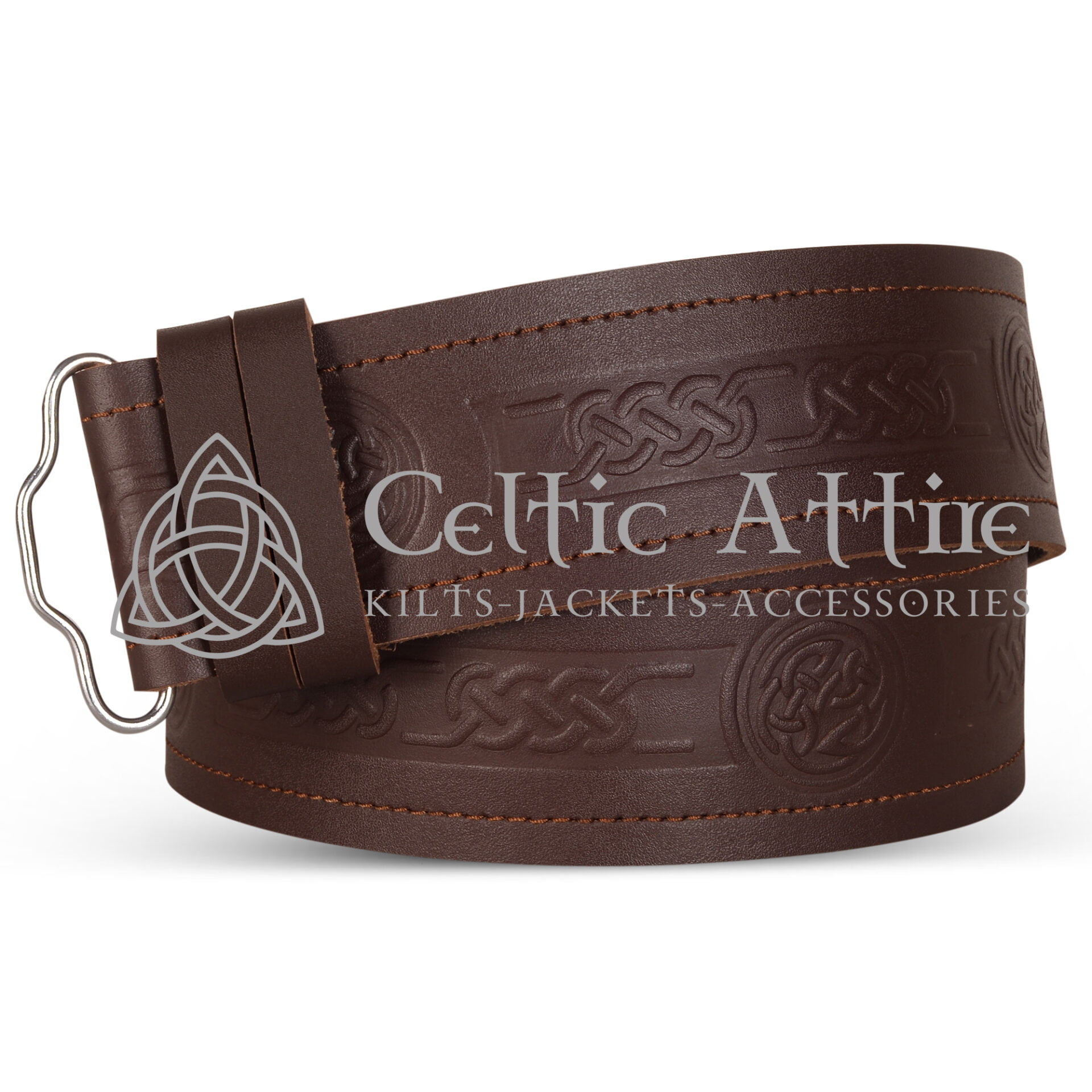 Celtic Knots and Circle Embossed Brown Leather Kilt Belt