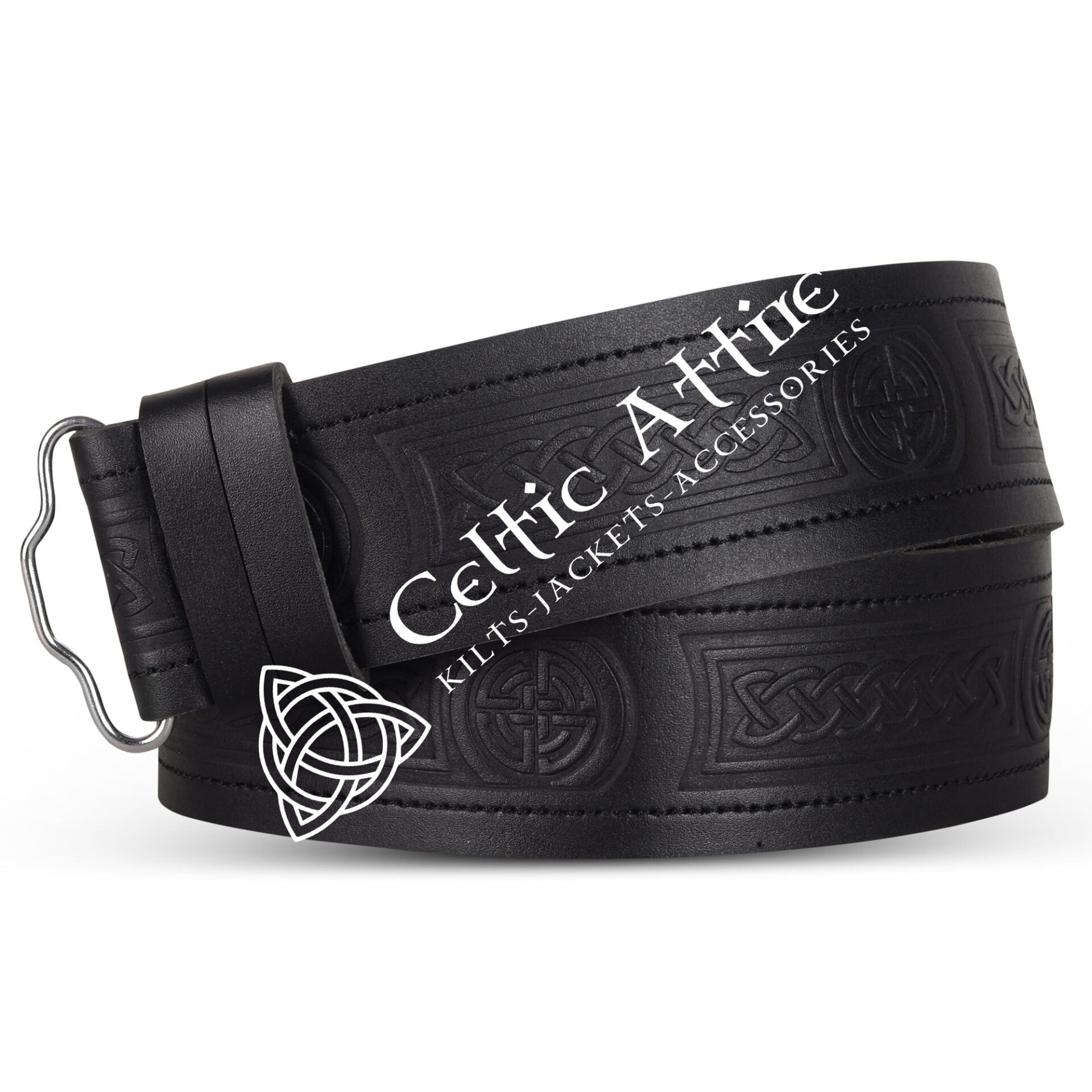 Celtic Knots and Circle Embossed Black Leather Kilt Belt