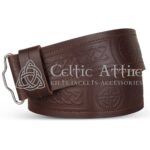 Brown leather belt with Celtic knot embossing and antique buckle - Celtic Attire