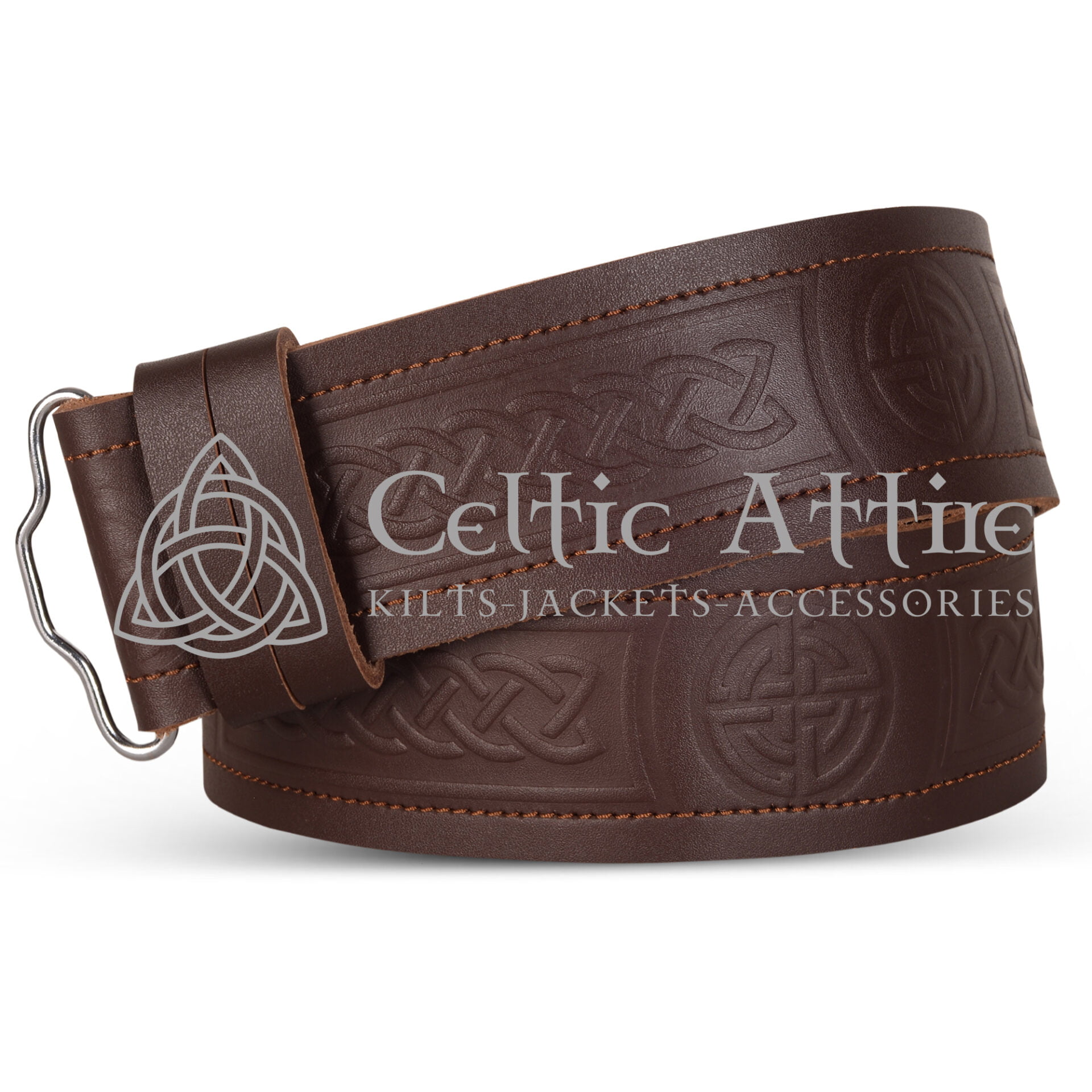 Endless Celtic Knots and Circle Embossed Brown Leather Kilt Belt