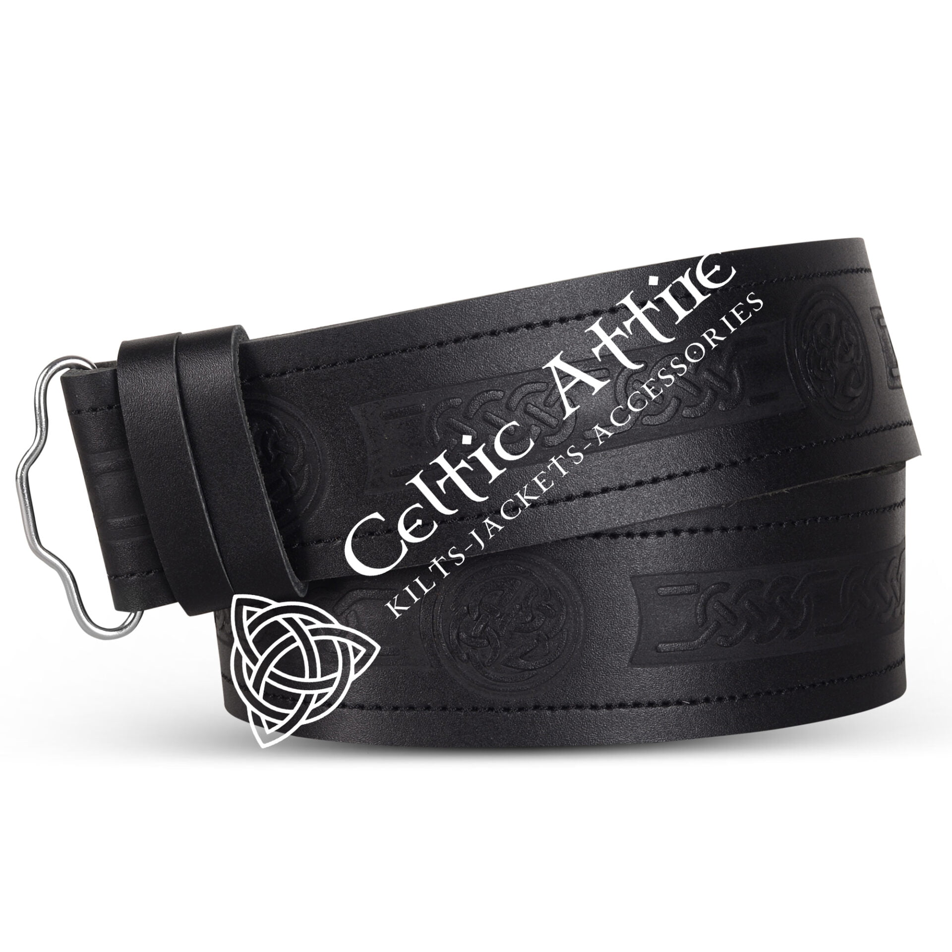 Endless Celtic Knots and Circle Embossed Black Leather Kilt Belt