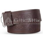 Brown leather belt with Celtic medallion embossing and square buckle - Celtic Attire