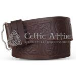 Brown leather belt with Celtic medallion embossing and prong buckle - Celtic Attire