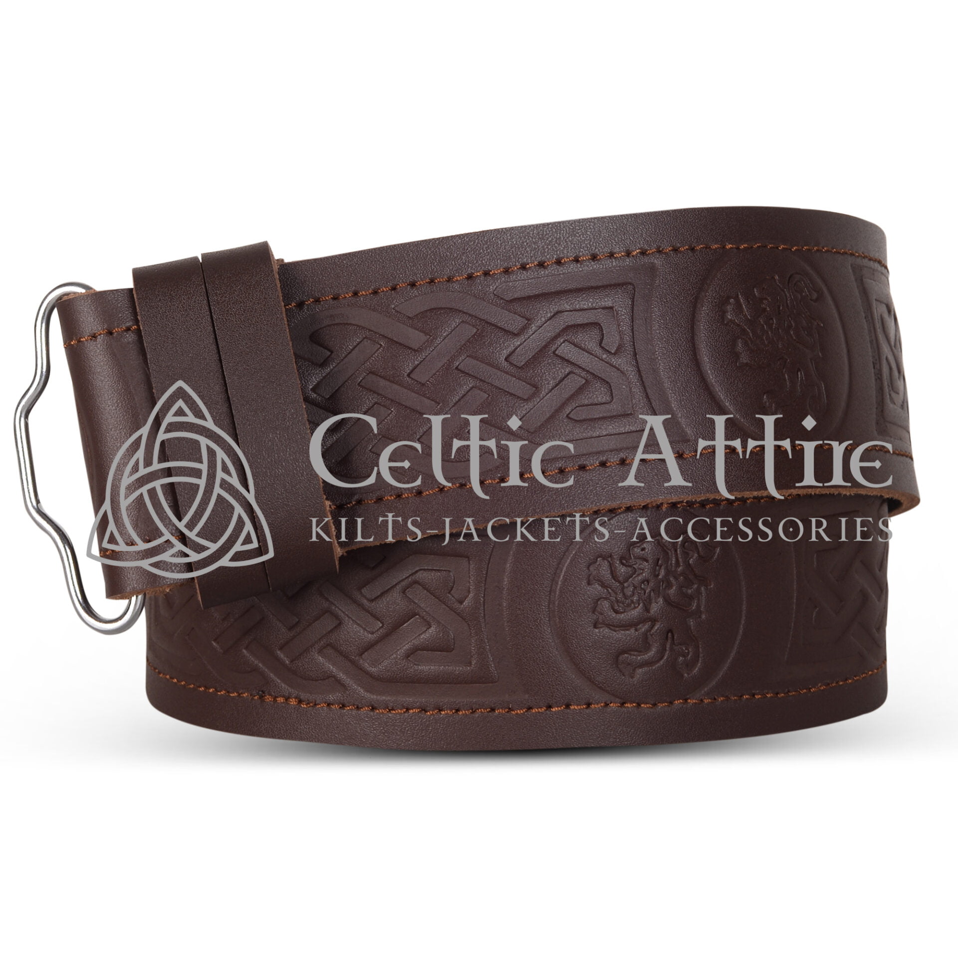 Rampant Lion Embossed Brown Leather Kilt Belt