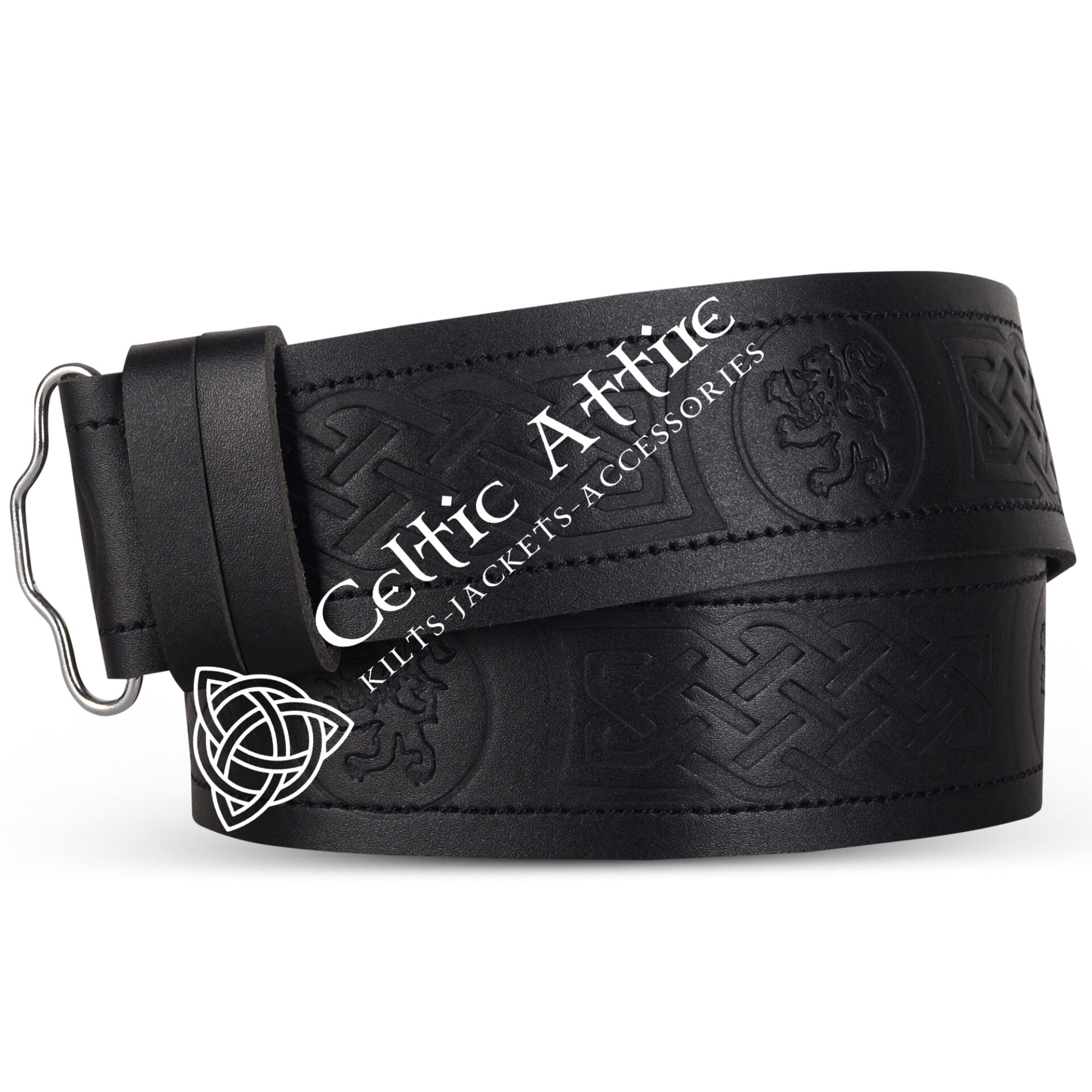 Rampant Lion Embossed Black Leather Kilt Belt