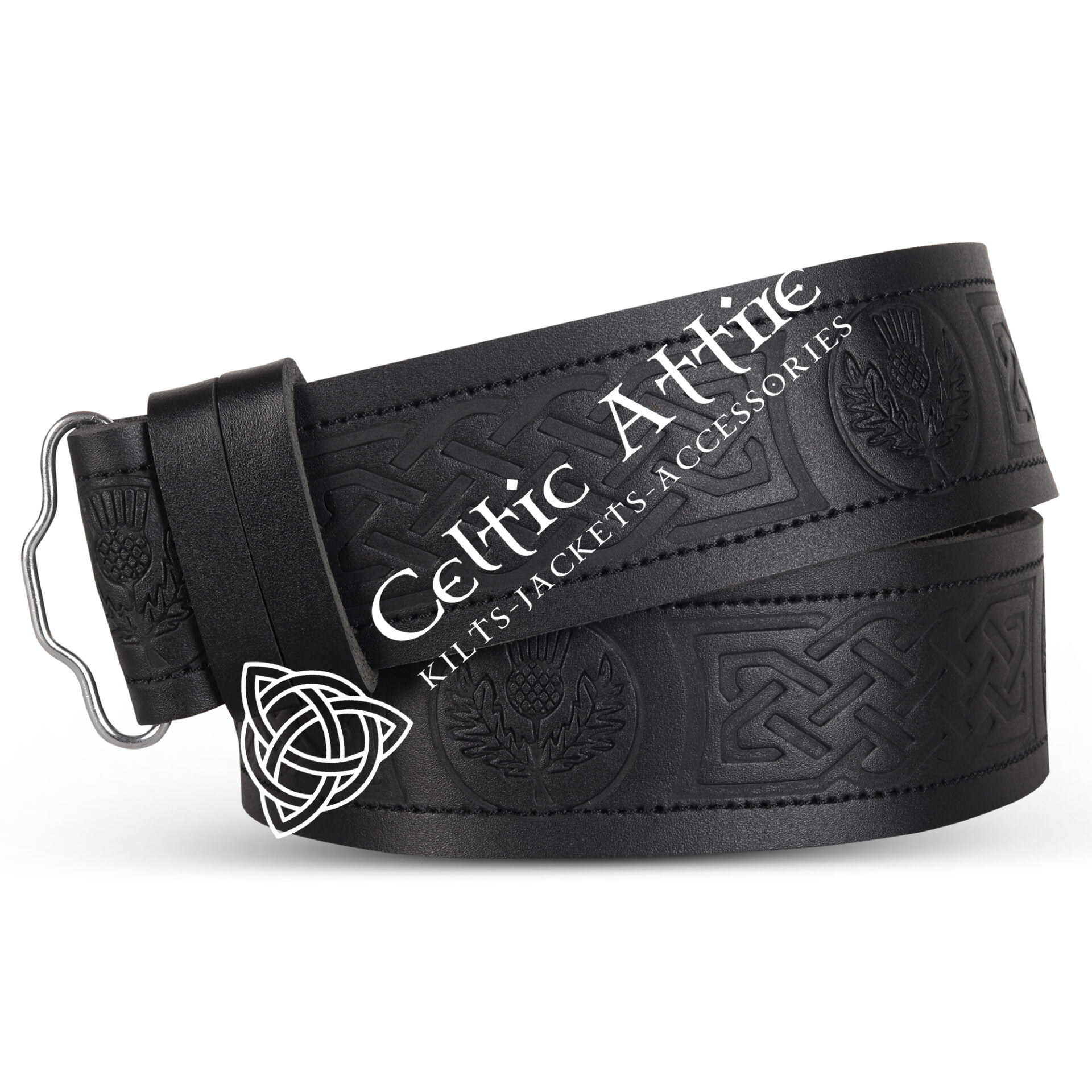 Thistle Embossed Black Leather Kilt Belt