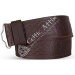 Brown leather belt with Celtic knot embossing and square buckle