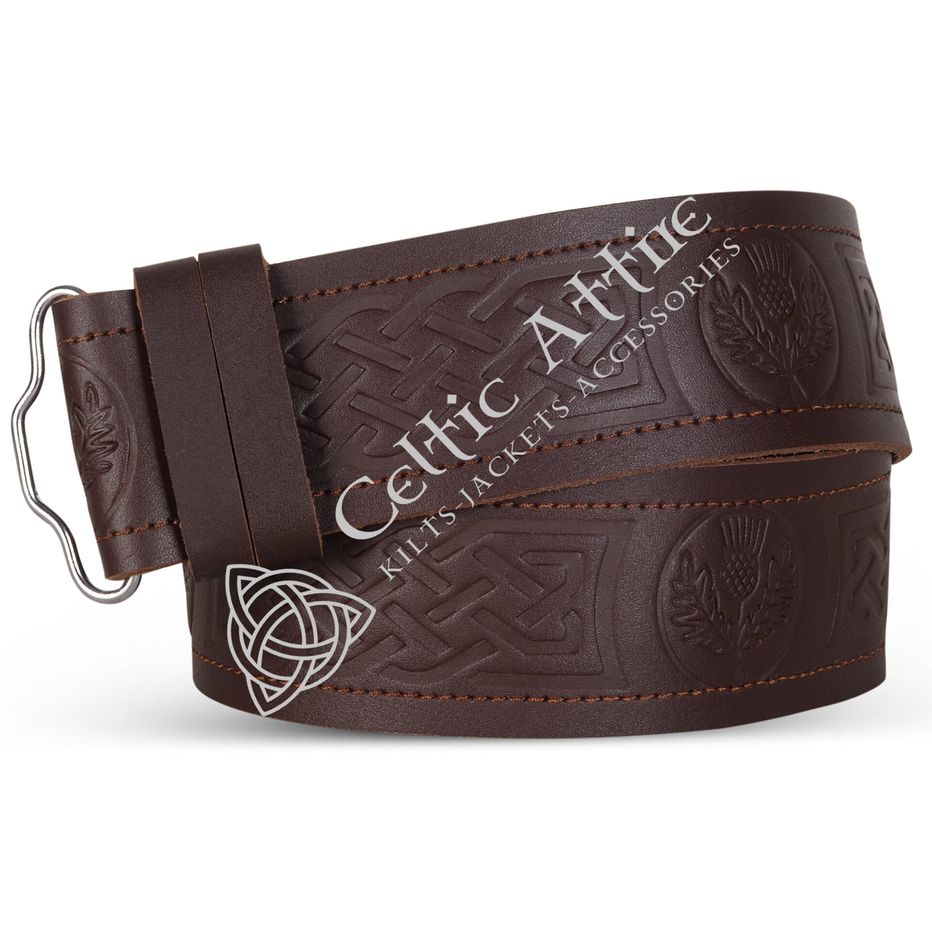 Thistle Embossed Brown Leather Kilt Belt