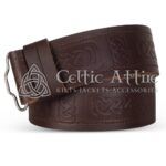 Brown leather belt with Celtic knot embossing and antique buckle - Celtic