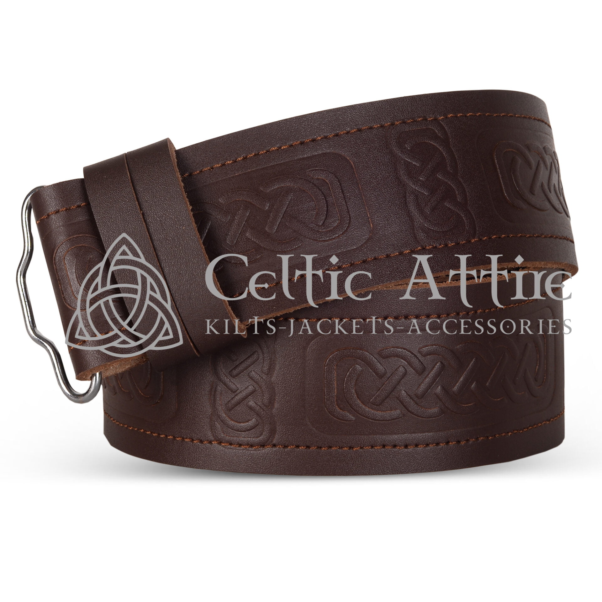 Vertical Celtic Knots Embossed Brown Leather Kilt Belt