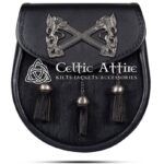 Cross Rampant Lion Emblem Black Leather Semi Dress Sporran
