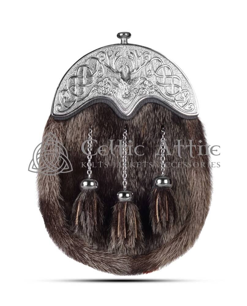 Dark Brown Seal Fur Full Dress Sporran Silver Stag Head Cantle Dark Brown Seal Fur Full Dress Sporran Silver Stag Head Cantle