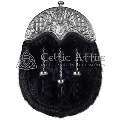 Black Seal Fur Full Dress Sporran Silver Stag Head Cantle