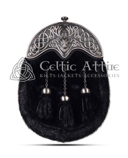 Black Seal Fur Full Dress Sporran Nickle Brushed Stag Head Cantle