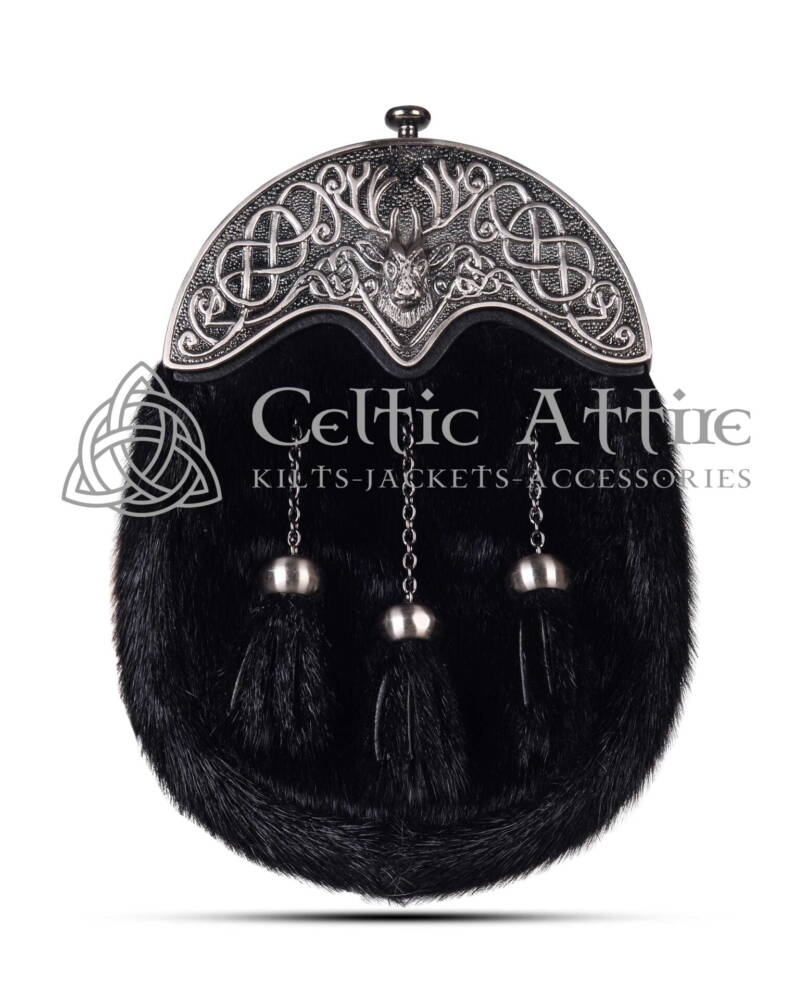 Black Seal Fur Full Dress Sporran Nickle Brushed Stag Head Cantle Black Seal Fur Full Dress Sporran Nickle Brushed Stag Head Cantle