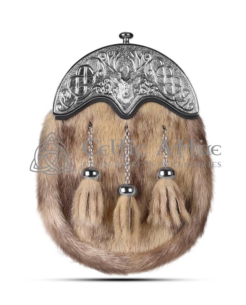 Light Brown Seal Fur Full Dress Sporran Silver Stag Head Cantle Light Brown Seal Fur Full Dress Sporran Silver Stag Head Cantle