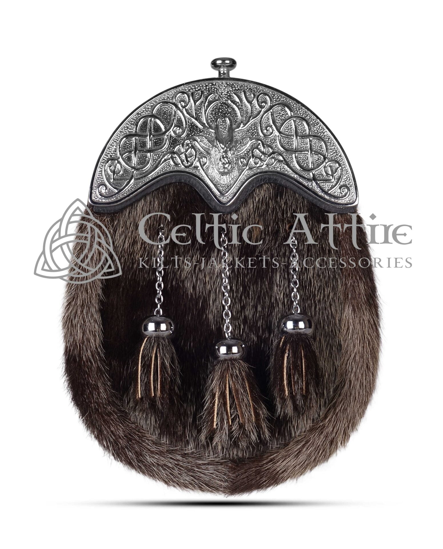 Dark Seal Fur Dress Sporran Silver Stag Head Cantle