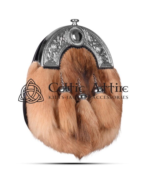 Red Fox Fur Full Dress Sporran - Celtic Knots Cantle - Image 2