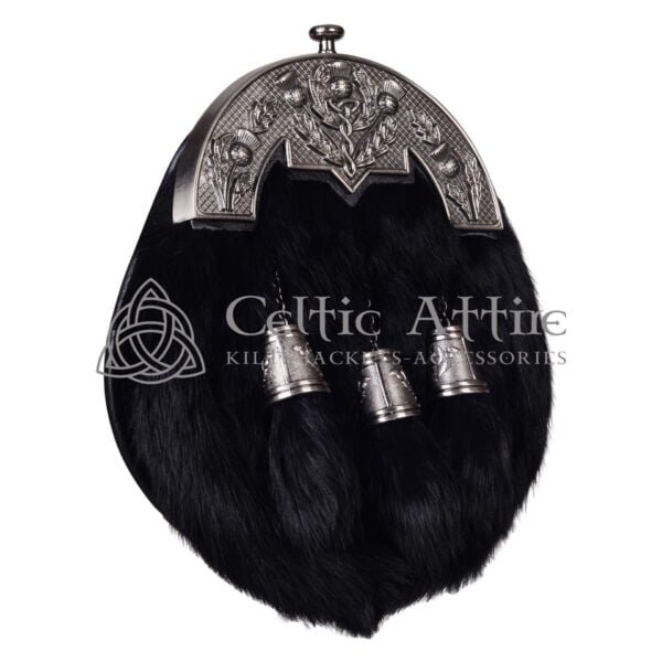 Black Rabbit Fur Full Dress Sporran Nickle Brushed Thistle Cantle - Image 2