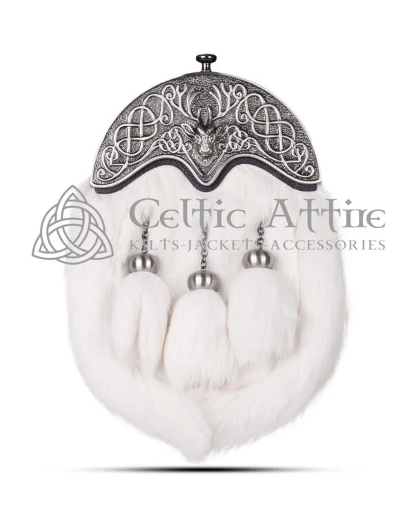 White Rabbit Fur Full Dress Sporran Nickle Brushed Stag Head