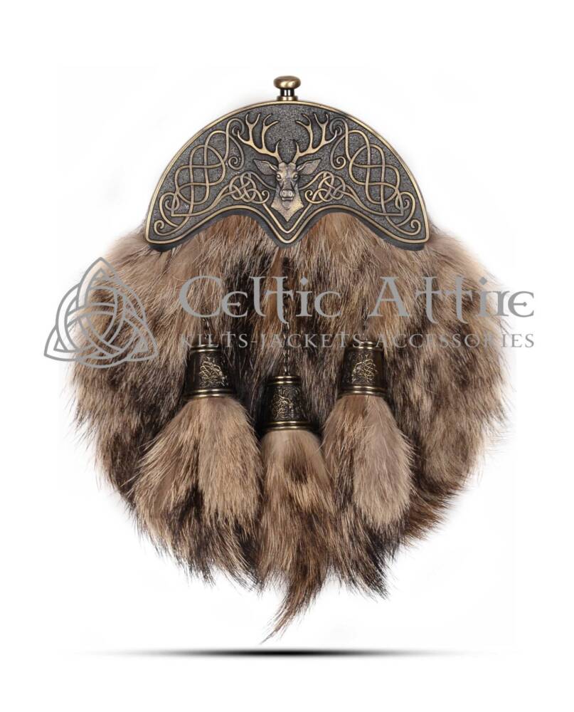 Coyote Fur Full Dress Sporran Brass Stag Head Cantle Coyote Fur Full Dress Sporran Brass Stag Head Cantle