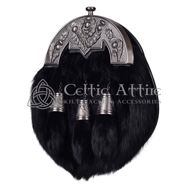 Black Rabbit Fur Full Dress Sporran Nickle Brushed Thistle Cantle - Image 3