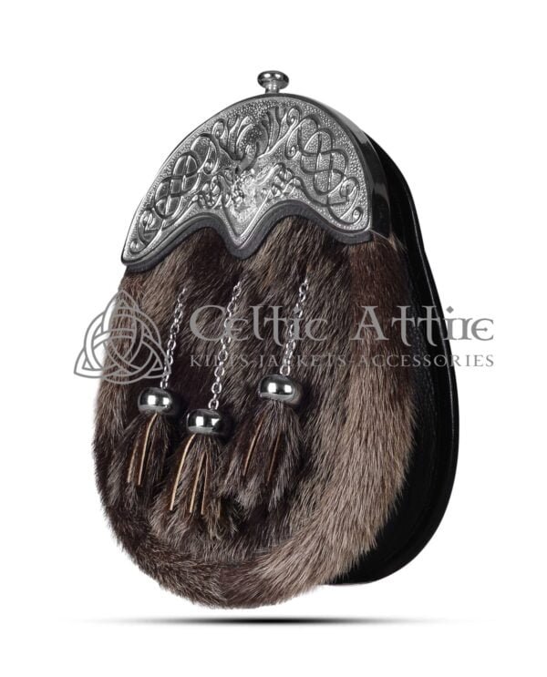 Dark Brown Seal Fur Full Dress Sporran Silver Stag Head Cantle - Image 3