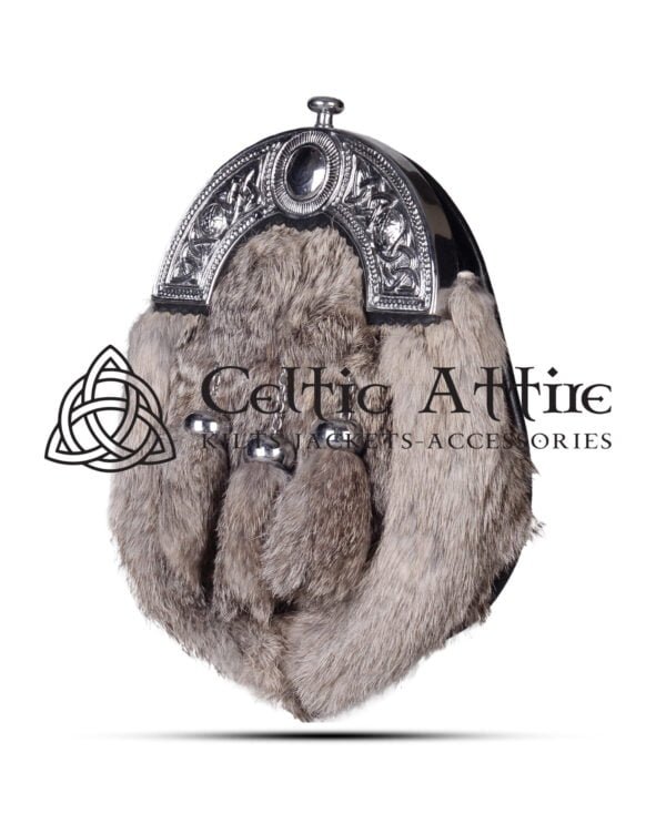 Brown Rabbit Fur Full Dress Sporran - Celtic Knots Cantle - Image 2