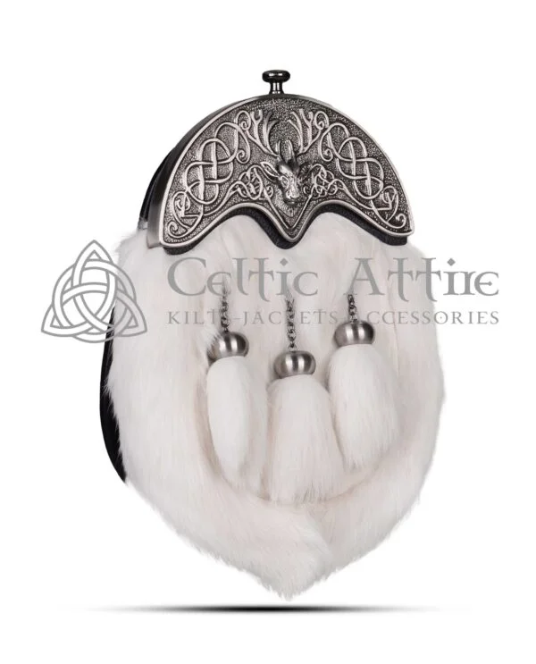 White Rabbit Fur Full Dress Sporran Nickle Brushed Stag Head - Image 3