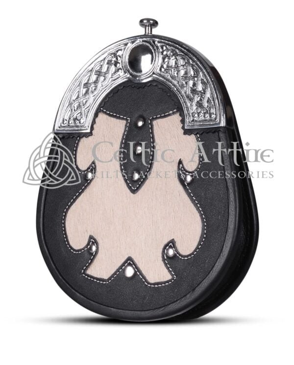 Black Leather Hunting Sporran - White Fur Silver Cantle - Image 3