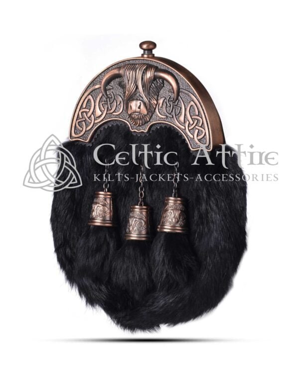 Black Rabbit Fur Full Dress Sporran Bronze Highland Cow Cantle - Image 3