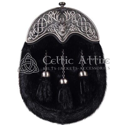 Black Seal Fur Full Dress Sporran Stag Head Antique Black Cantle