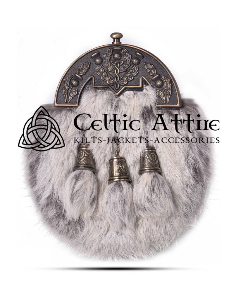 Chinchilla-Rabbit-Fur-Full-Dress-Sporran-Brass-Finish-Thistle-Cantle Brass Thistle Semi White Fur Full Dress Sporran