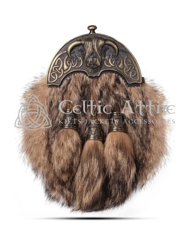 Brass Highland Cow Coyote Fur Full Dress Sporran