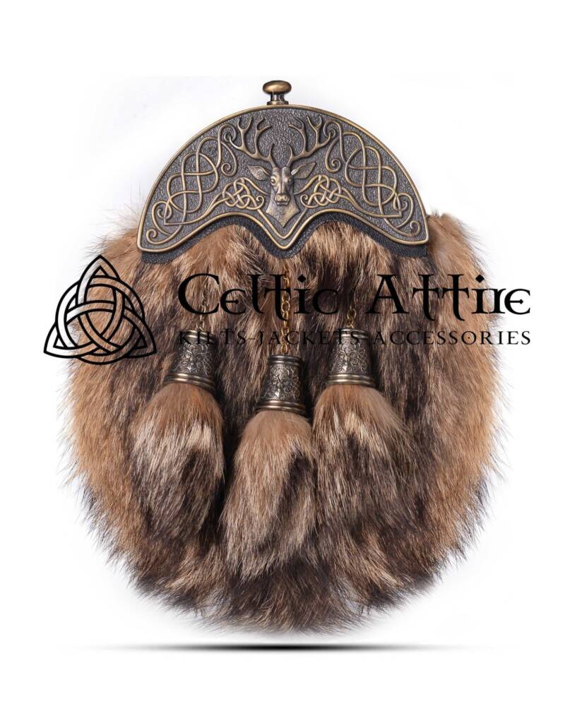 Coyote-Fur-Full-Dress-Sporran-Brass-Finish-Stag-Head-Cantle Brass Stag Head Coyote Fur Full Dress Sporran