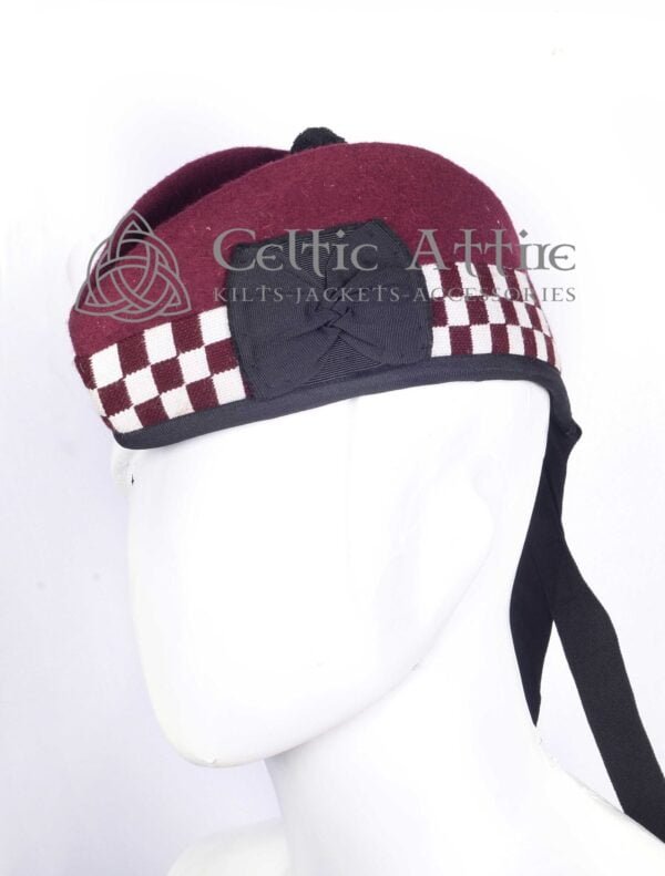 Maroon Wool Diced Glengarry Bonnet Scottish Military Piper Hat - Image 4