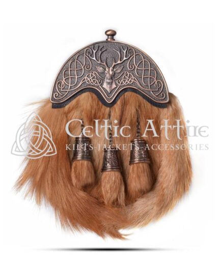 The Fox Fur Dress Sporran is a luxurious accessory that adds a touch of elegance to any Highland outfit. Made from premium red fox fur, this sporran features a striking bronze stag head cantle, symbolizing strength and tradition. Its rich colors and soft texture make it a standout piece for formal occasions. Handcrafted in Scotland by skilled artisans, this sporran showcases exceptional craftsmanship. The natural beauty of the fox fur is complemented by the antique finish of the stag head cantle, creating a unique and eye-catching design. This Fox Fur Dress Sporran is perfect for weddings, Highland games, or any special event where you want to make an impression. Functionality meets style with this sporran. It offers ample storage space for your essentials, ensuring you have everything you need at hand. The interior is lined with soft suede and includes pockets for cards and coins. A durable leather back enhances its longevity, making it a reliable choice for any occasion. The Fox Fur Dress Sporran comes with a matching chain strap for easy attachment to your kilt. Three elegant tassels hang from the front, adding a classic touch that enhances its overall aesthetic. This sporran is designed to pair beautifully with various kilts and formal wear, making it a versatile addition to your wardrobe. Invest in the Fox Fur Dress Sporran to celebrate your connection to Scottish heritage while showcasing your unique style. This exquisite accessory is more than just a sporran; it’s a statement piece that reflects your appreciation for quality and tradition. Make a lasting impression at your next event with this stunning sporran.