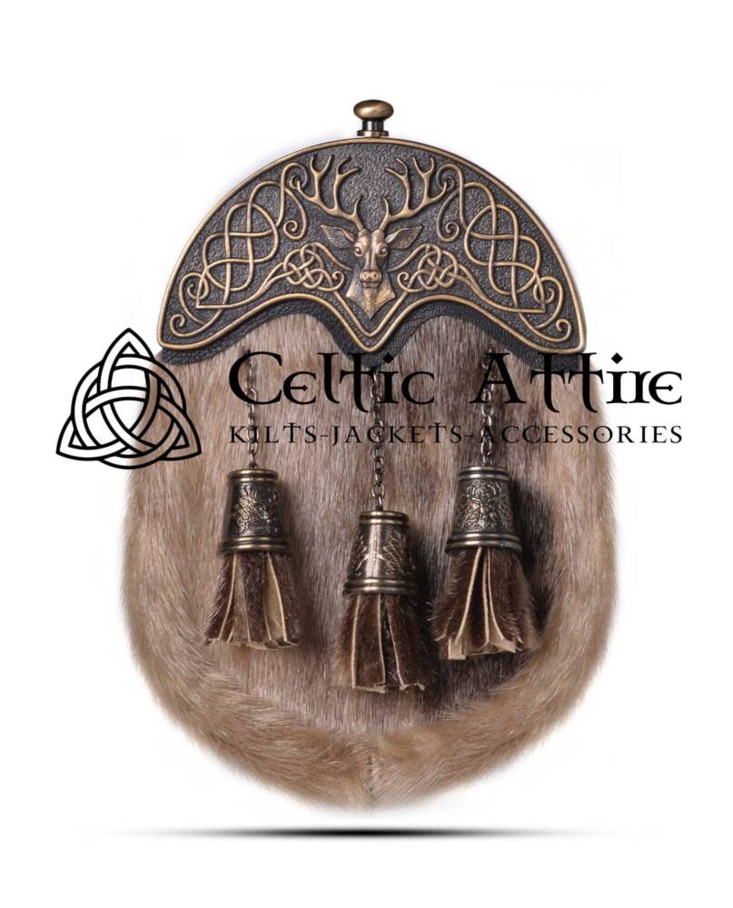 Seal-Fur-Full-Dress-Sporran-Brass-Finish-Stag-Head-Cantle Brass Stag Head Seal Fur Full Dress Sporran