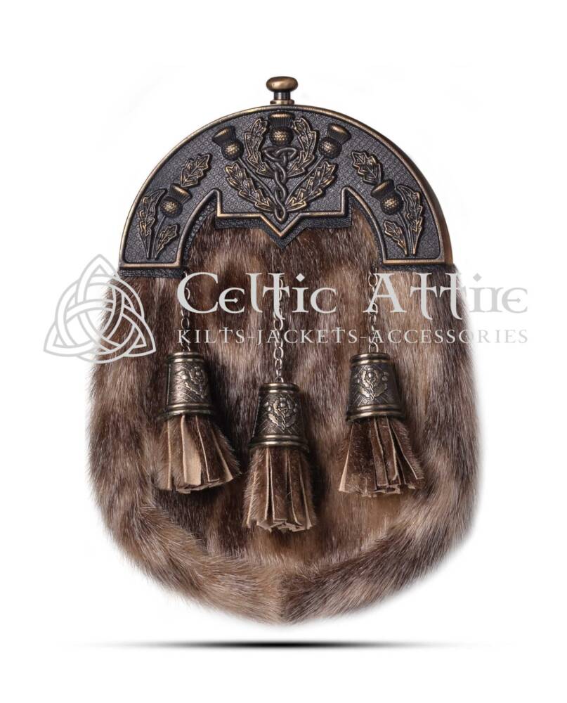 Seal-Fur-Full-Dress-Sporran-Brass-Finish-Thistle-Cantle Brass Thistle Seal Fur Full Dress Sporran